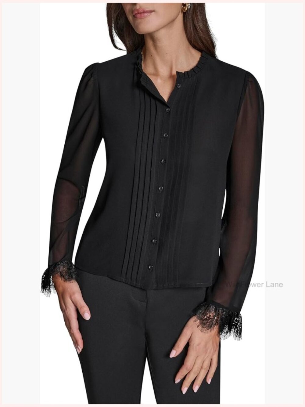 Long Sleeve Pleat Front Lace Trim Woven Blouse